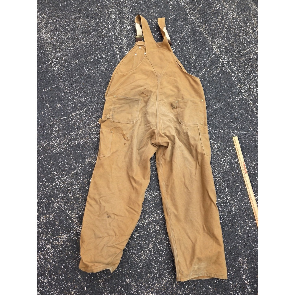 Carhartt R01 BRN Brown Duck Bib Overalls Double Knee Unlined 46x30 Faded Stains - Picture 4 of 6